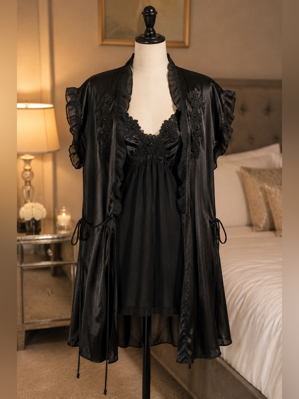 Linea Donatella Black Satin Lace Chemise Robe 3-Pc Lingerie Set M